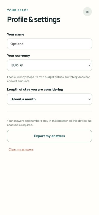 Profile settings for currency and length of stay